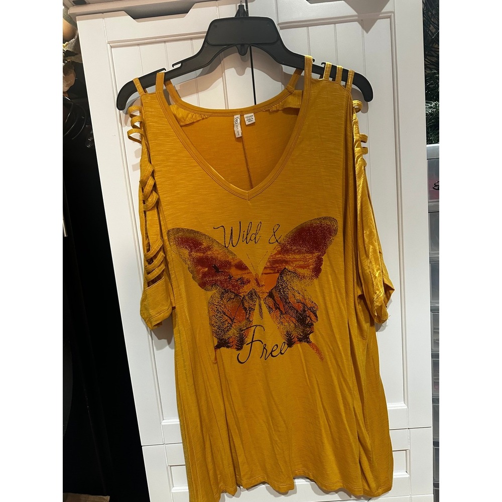 Cato Mustard Yellow Wild & Free Butterfly Cold Shoulder Graphic Tee 22/24W